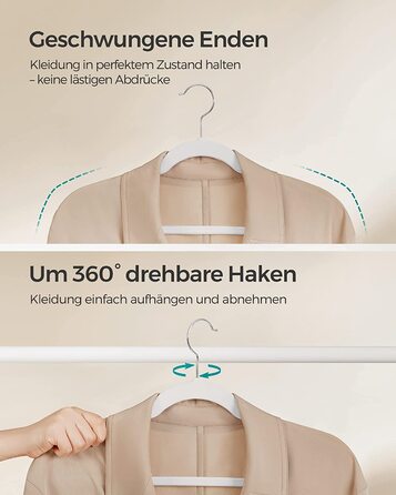 Оксамитова вішалка SONGMIC, комплект з 30 предметів, на кісточках, нековзна, з виїмками в області плечей, для брюк, з гачком, що повертається на 360 , компактна, товщиною 0,6 см, довжиною 43 см, CRF029V03 (білий)
