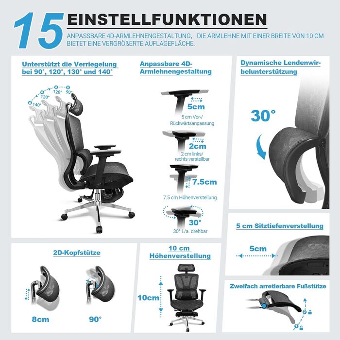 Ергономічне крісло для офісу, 4D підлокітники, регульована глибина сидіння, 4-ступеневий нахил, гумові колеса, сітчаста сидіння, висока спинка, для великих людей, Homeoffice & Gaming, ергономічне крісло для робочого столу (Чорний – з підставкою для ніг, с