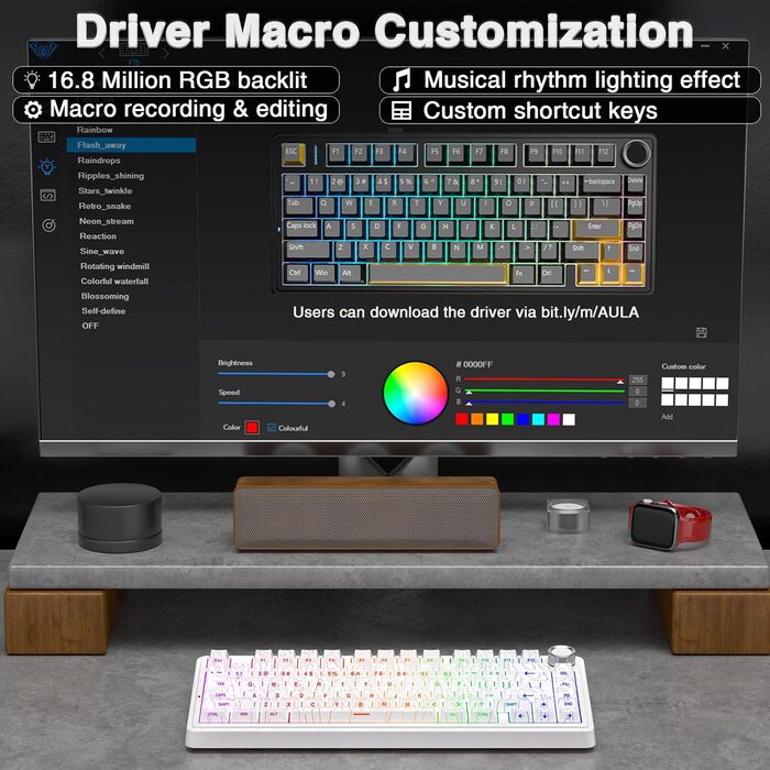 Механічна клавіатура AULA F75 PRO для геймінгу: 2.4GHz/Type-C/BT5.0, Hot-Swap, бездротова, QWERTY, сіра