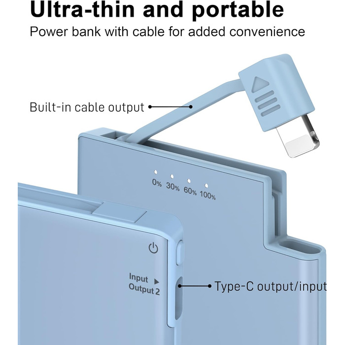 Ультратонкий павербанк Auskang 0,68 см 5000 мАг з кабелем, портативний і легкий, сумісний з iPhone - синій