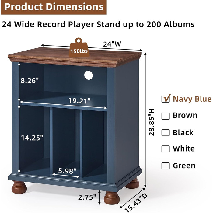 LELELINKY Підставка для програвача, полиця для платівок, містить до 200 платівок, великий дерев'яний стіл для програвача, полиця для платівок у вітальню, спальню, офіс (Блакитний)