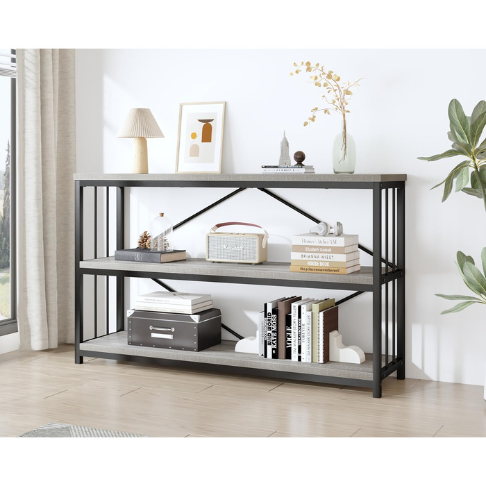 Металево-дерев'яна полиця IBF з 3 ярусами, індустріальний стиль, 120x34x74 см, сірий колір