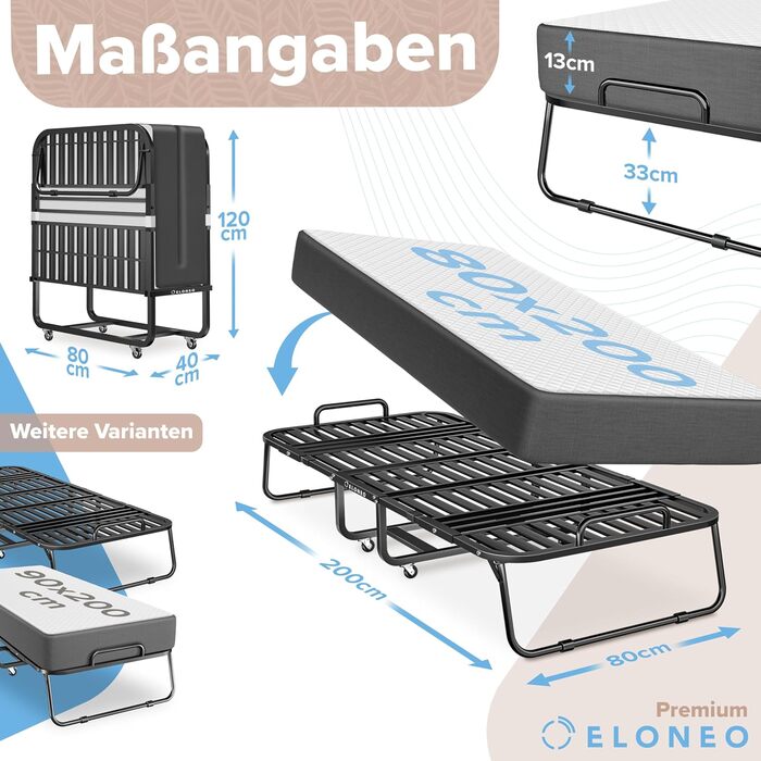Розкладне ліжко ELONEO 80x200 см з преміум-матрацом, металевий каркас, витримує до 250 кг, гостьове ліжко на колесах з захисним чохлом