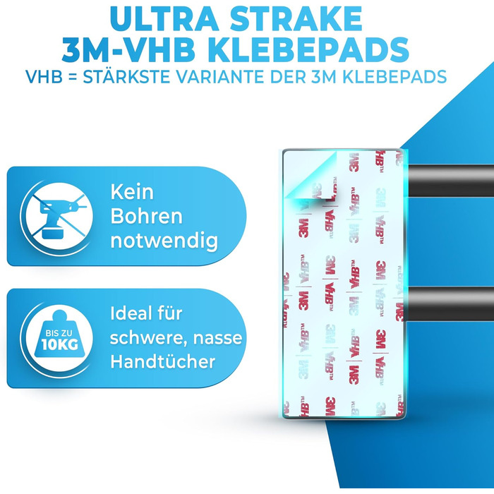 Тримач для рушників без свердління, чорний, 80 см, нержавіюча сталь, подвійний, самоклеючий, з 2 гачками, для ванної кімнати, душової кабіни, кухні