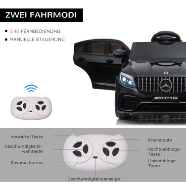 Дитячий електромобіль HOMCOM 12V з пультом дистанційного керування 2.4G, з двома моторами, оснащений звуковими сигналами, музикою та ременем безпеки. Електромобіль для дітей віком 37-60 місяців, чорного кольору.