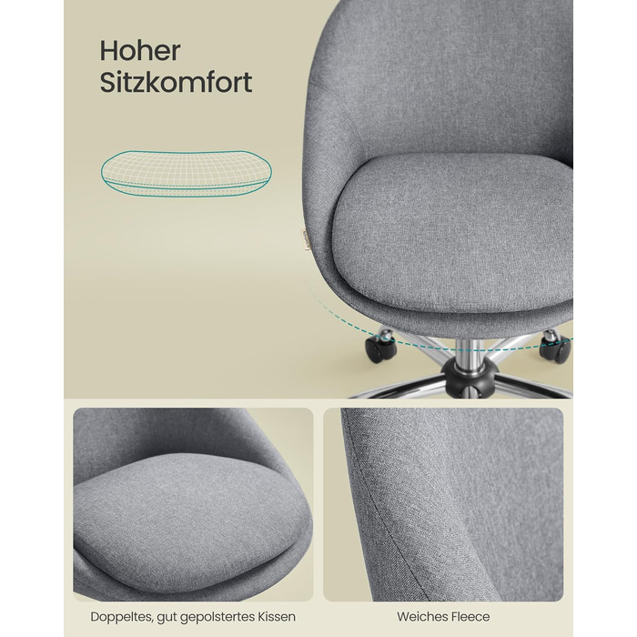 Крісло SONGMICS для офісу та дому, крісло для макіяжу, регульоване по висоті, сірий колір, тканина (OBG020G04)