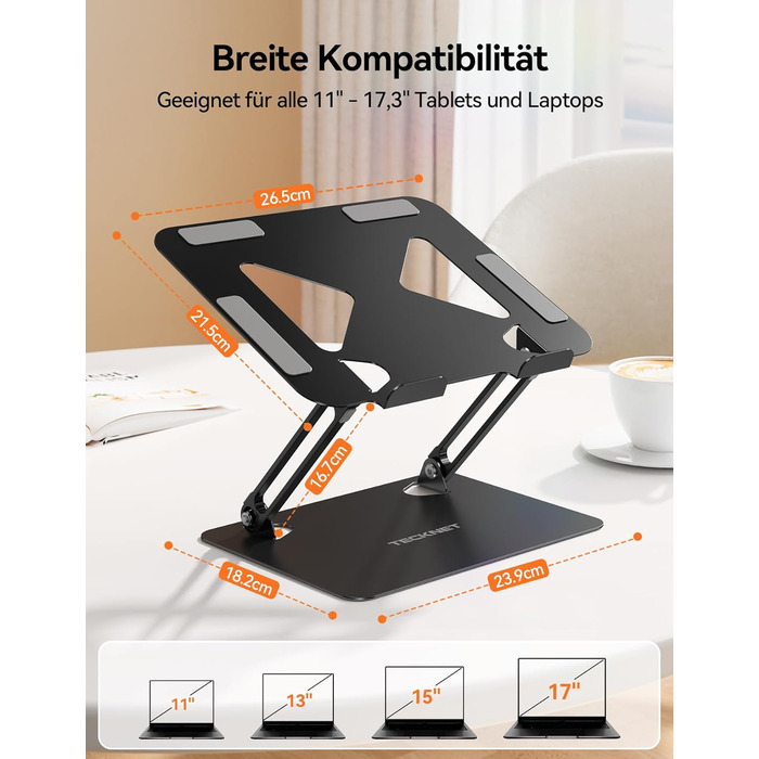 Підставка для ноутбука TECKNET, металева, регульована, 10-17.3 дюймів, чорна