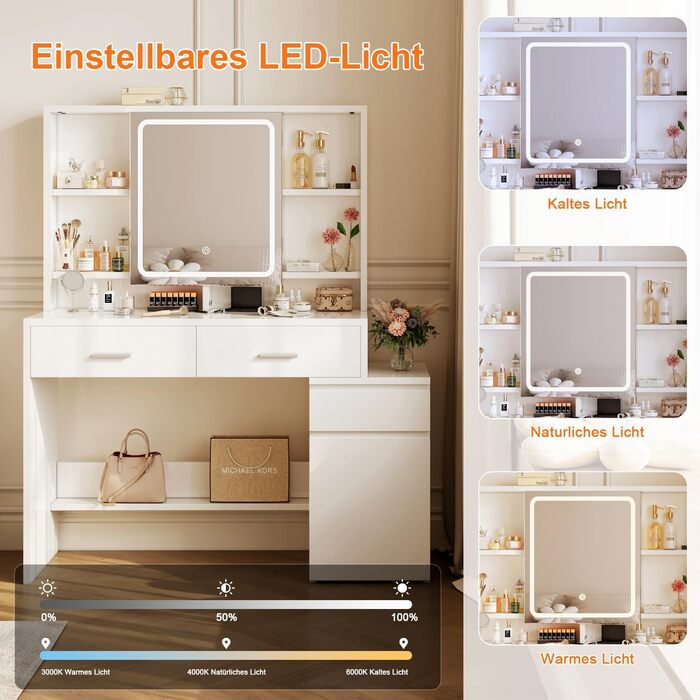 Дзеркальний туалетний столик JUMMICO з LED-підсвічуванням (3 режими яскравості, 3 колірні температури), великий комод з 6 відділеннями, 2 ящиками, бічною шафкою та полицею, 117x40x140 см, білий