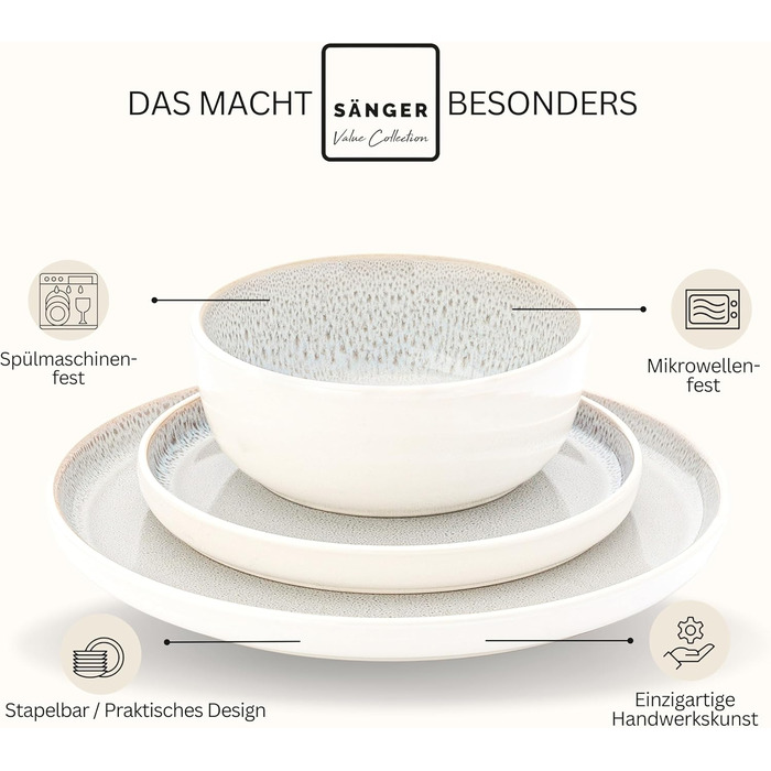 Набір посуду SÄNGER Kreta 24 частини: 6 тарілок, 6 тарілок для сніданку, 6 глибоких тарілок, 6 паста-мисок, блакитний з кремовим, Steingut (стейнгут)