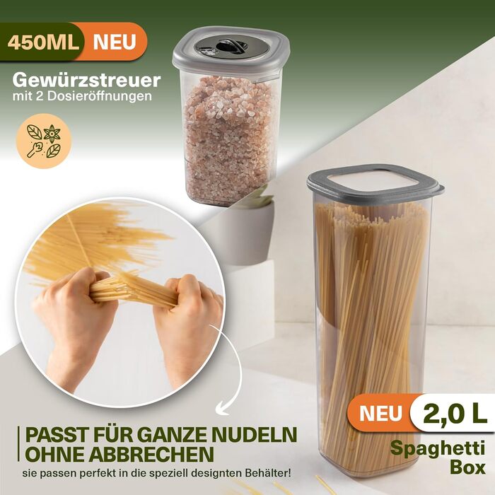Набір контейнерів для зберігання їжі 18 шт. – з контейнером для спагеті 2,0л, 6 баночок для спецій з дозатором, кришками, що щільно закриваються, BPA-free, з 52 етикетками (12 шт.) + 6 дозаторів для спецій