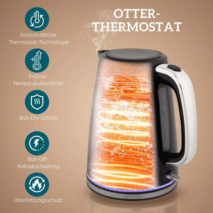 Набір чайника та тостера, 2200 Вт, термостат Otter, тостер на 2 слоти, 7 рівнів підсмажування, піддон для крихт, чорний