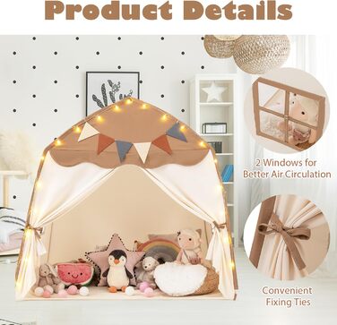 Дитяче намет-будиночок HOMASIS для гри в приміщенні, з 20 зірками, 12 стрічками, килимком, 2 вікнами та шторами, для дівчаток та хлопчиків (колір: коричневий)