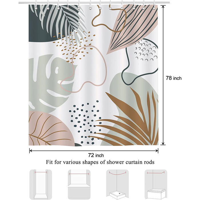 Штора для душу Bonhause Boho листя бежево-зелений 180x200 см Водонепроникна Миється з 12 гачками