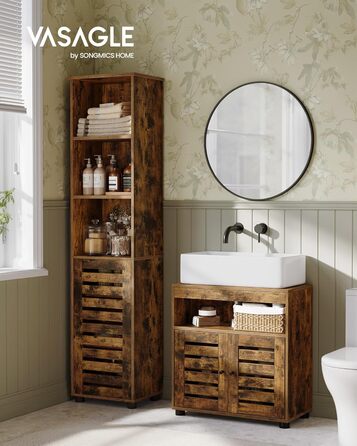 Підставка під раковину VASAGLE, шафка для ванної кімнати, 60 x 30 x 63 см, шафка для ванної, комод для зберігання з 2 дверцятами-решітками, з регульованою полицею, вінтажний коричневий BBK04BX
