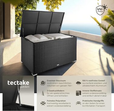 Скриня для зберігання садових речей Tectake з алюмінію та ротангу, 750л, чорна - водонепроникна, з газовими амортизаторами, стійка до УФ-випромінювання та іржі (145x82,5x79,5 см)