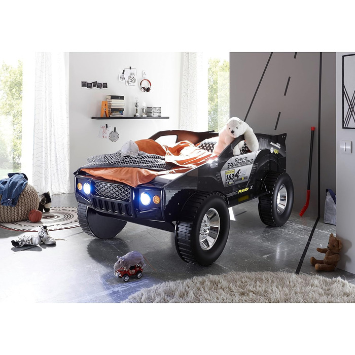Автомобільне ліжко JEEP зі світлодіодним освітленням 90 x 200 см - Захоплююче та високе автомобільне ліжечко позашляховика для маленьких гонщиків у чорному кольорі - 127 x 96 x 219 см (Ш/В/Г)
