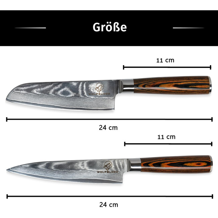 Набір кухонних ножів Дамаск Wolfblood (2 шт.) 24 см, з сертифікацією TÜV, сталь Дамаск 67 шарів, з дерев'яною ручкою, подарункова коробка, захист леза