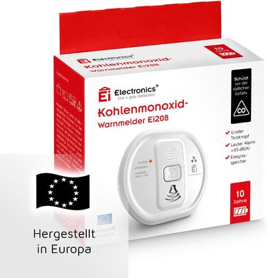 Датчик виявлення CO Ei Electronics Ei208D з LCD-дисплеєм та батареєю на 10 років, автономний, білий