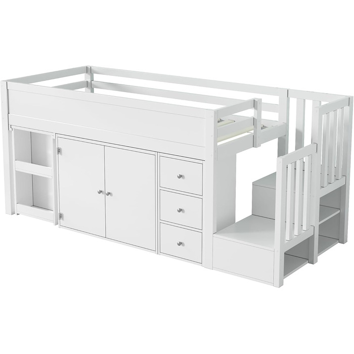 Ліжко дитяче 90x200, дерев'яне з шухлядами, полицями та бічною панелью, захистом від падіння, ламелями та місцем для зберігання, підліткове, функціональне, без матраца, біле