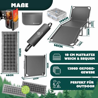 Розкладне кемпінгове ліжко KESSER з преміум-матрацом та подушкою, 190x68x30 см, витримує до 250 кг, з кишенею та підстаканником, антрацит