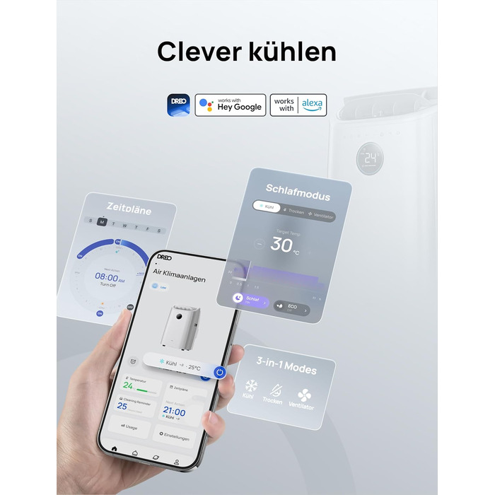 Мобільний кондиціонер Dreo 10000 BTU з охолодженням без дренажу, керуванням через додаток/голос/пульт, таймером 24 години та функцією вентилятора/зневожувача, AC515S