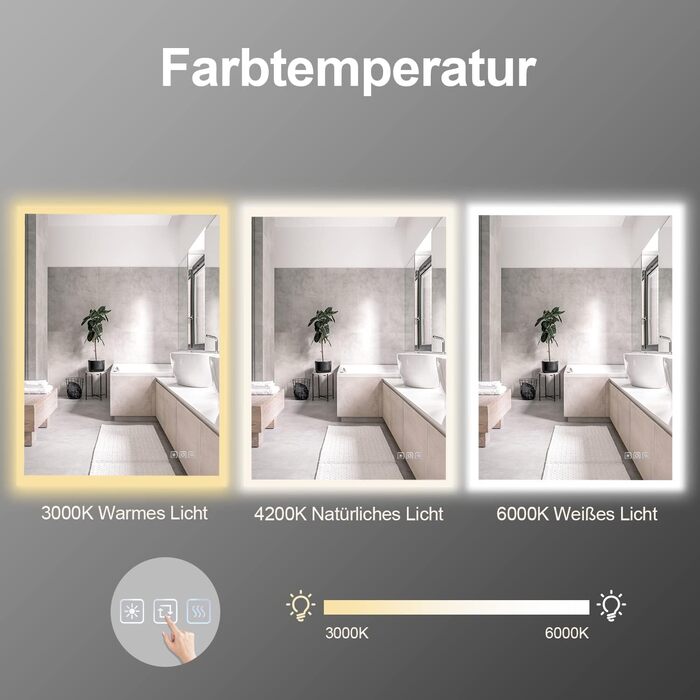 Дзеркало для ванної кімнати Furduzz LED, 70x50 см з підсвічуванням, сенсорним вимикачем, 3 кольори світла, регулювання яскравості, антизапарник, пам'ять налаштувань