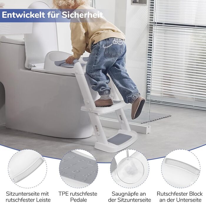 Сидіння для унітазу дитяче з драбинкою DEANIC, м'яке PU, для дітей 1-7 років, універсальний розмір 38-47 см (Сірий)