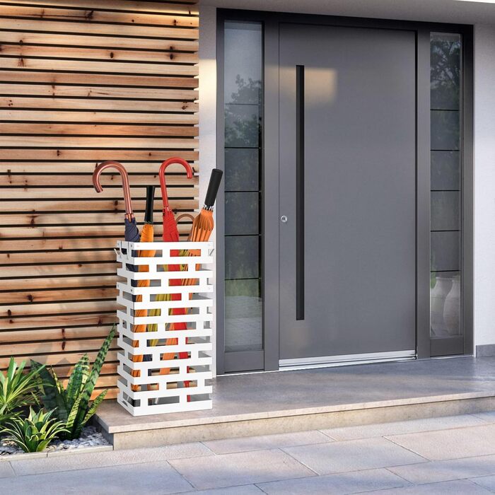 Металевий підставка для парасольки біла, велика з водовідвідною ванною та гачками, 58,4 см - для дому, офісу, готелю