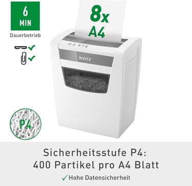 Шредер Leitz IQ Home Aktenvernichter: безпечний, тихий та компактний для дому та офісу, P4, 8 листів, білий