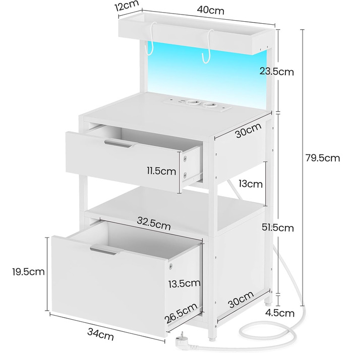 Набір тумбочок AOGLLATI з 2 шт. зі світлодіодом, зарядна станція, USB та розетки, білий (40x30x79.5см)