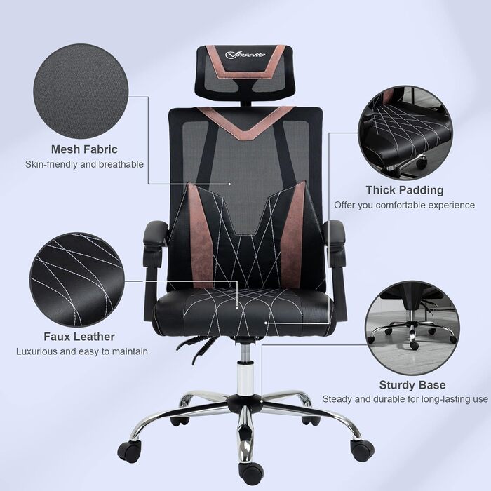 Крісло офісне Vinsetto Ergonomic з сітчастою спинкою, роліками, підтримкою попереку та шиї, регулюванням висоти та нахилу, 58x62.5x112-120см, Рожеве