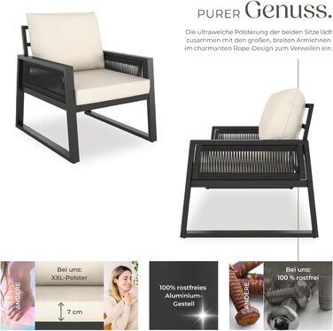 Набір садово-розкладних меблів tectake® Rope Design: 2 крісла, диван, стіл, подушки, для саду/балкону, 4 посадочні місця, вологостійкий, стиль 3