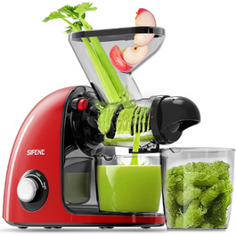 Соковижималка SiFENE Slow Juicer - подвійний калібр, без засмічення, функція реверсу антиблокування, дрібне подрібнення без фільтра, електрична соковижималка, зі щіткою та 2 чашками (червона)