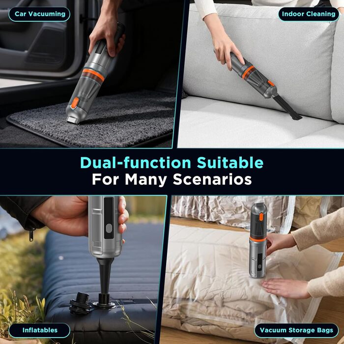 Акумуляторний ручний автомобільний пилосос 16000Па, безщітковий мотор, 4-в-1, швидка зарядка для авто, дому, офісу та тварин