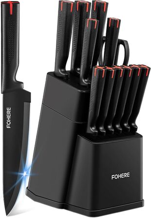 Набір ножів FOHERE 13 предметів з точилкою. Набір кухонних ножів з нержавіючої сталі з підставкою та інтегрованою точилкою (чорний)