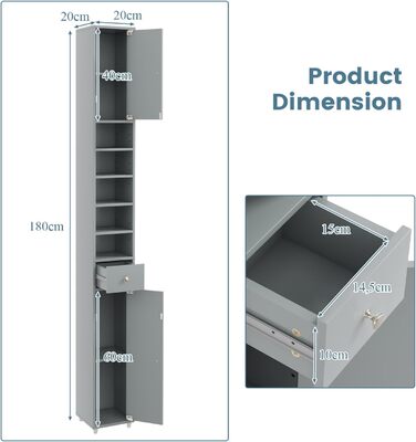 Висока шафа 180 см, вузька тумба для ванної кімнати з відділеннями та ящиком, регульовані полиці (сірий)