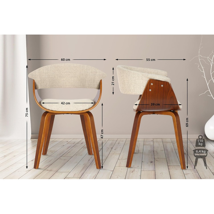 Стільці для їдальні CLP Bruce з тканинним покриттям, дерев'яним каркасом, чорного кольору для їдальні або кухні | Крісло витримує до 150 кг, колір: Кремовий, колір каркасу: горіх (горіх)