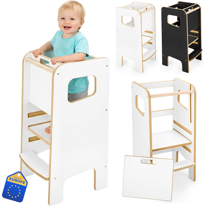 Дерев'яний навчальний столик-сходинка Montessori для дітей з бічною перегородкою – білий, безпечний та стійкий, регульована висота, з блокуванням, сучасний дизайн Model 4