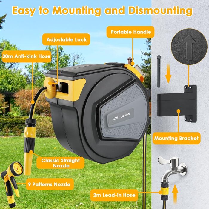 Шланговий барабан з шлангом для саду з автоматичним змотуванням, поворотний на 180°, настінна шланговий бокс з ручною лійкою (9 функцій), для поливу та миття авто (чорно-жовтий, 30м)
