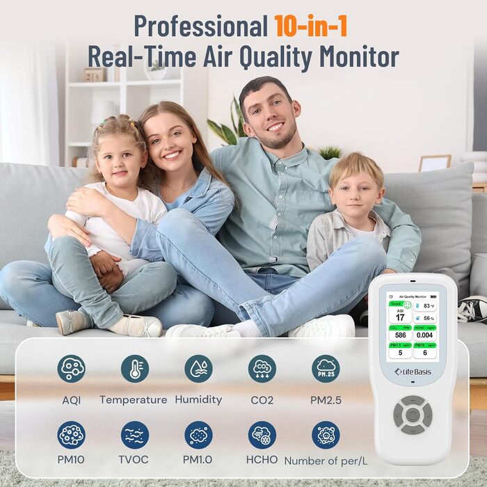 Детектор якості повітря LifeBasis 10 в 1: Формальдегід, AQI, PM2.5, PM10, HCHO, TVOC, CO2, Температура, Вологість. USB-зарядка для дому та офісу