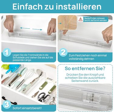 Організатори для шухляд Vtopmart 8 шт., регульовані роздільники, прозорі (25.6-41.6 см)