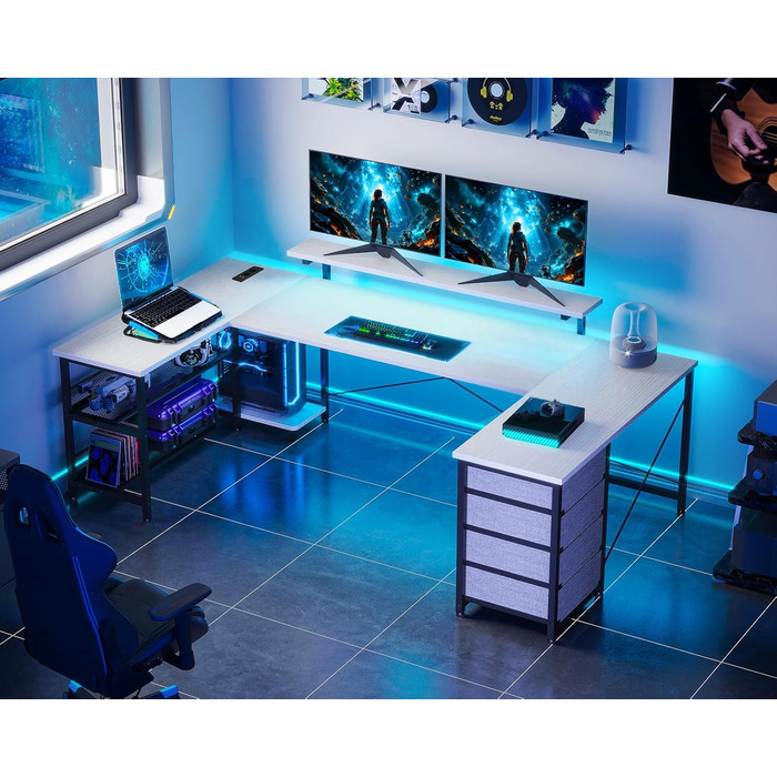 Кутовий стіл ODK з 4 шухлядами, місцем для зберігання, 2 розетками та 2 USB-портами для зарядки, з підсвічуванням LED та підставкою для монітора, 167×102 см, білий