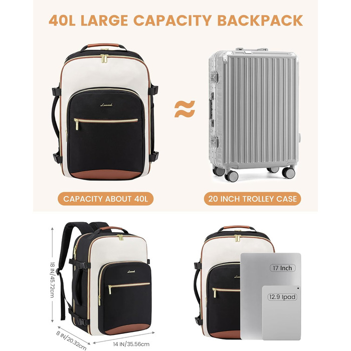 Рюкзак LOVEVOOK для ручної поклажі літака, 40L, водонепроникний, з відділенням для ноутбука 17 дюймів, для подорожей, школи, роботи, кемпінгу, чоловічий/жіночий, бежевий+чорний+коричневий