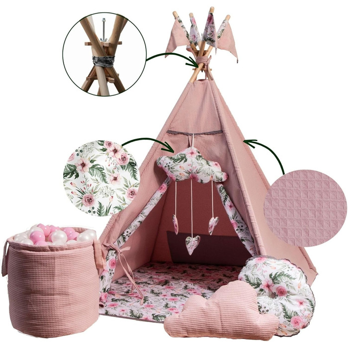 Дитячий намет-тіпі з килимком, подушкою та м'ячами - Тіпі для дитячої кімнати, ігровий будиночок для дівчаток, намет-тіпі для дітей, ігрові прилади для дому - Рожевий сад