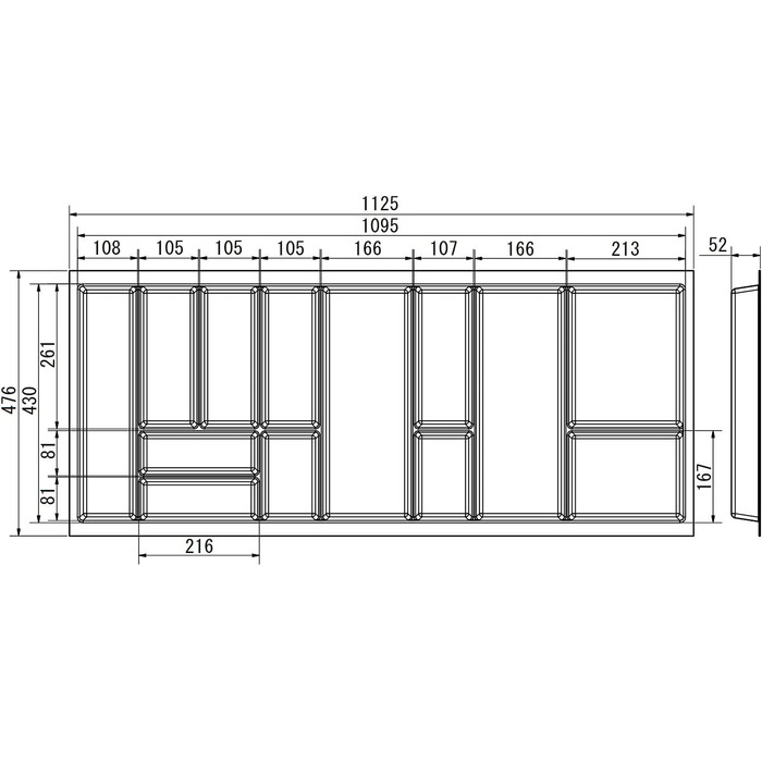 Вставка для столових приладів Junker 325 x 476 мм лавово-сірого кольору з перловою текстурою для шаф 40-х років Кухонна коробка для столових приладів ідеально підходить для такої тонкої системи висувних ящиків (1125 x 476 мм (ширина корпусу 1200 мм))