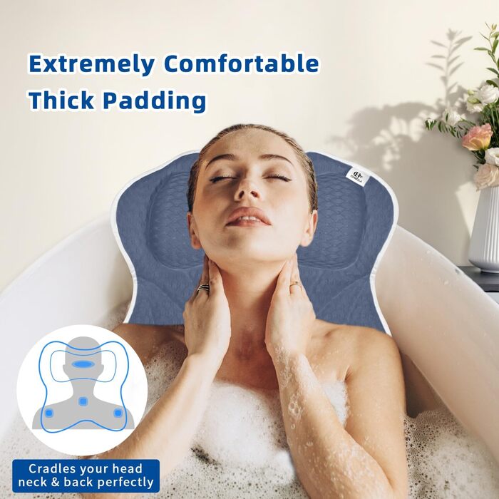 Підголовник для ванни з підтримкою шиї та спини, з 6 антиковзкими присосками, сітка 4D, білий (блакитний)
