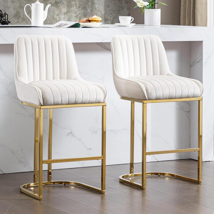 Набір з 2 барних стільців з велюру з золотистими ніжками, з підлокітниками та спинкою для кухонної стійки/домашнього бару (білий)