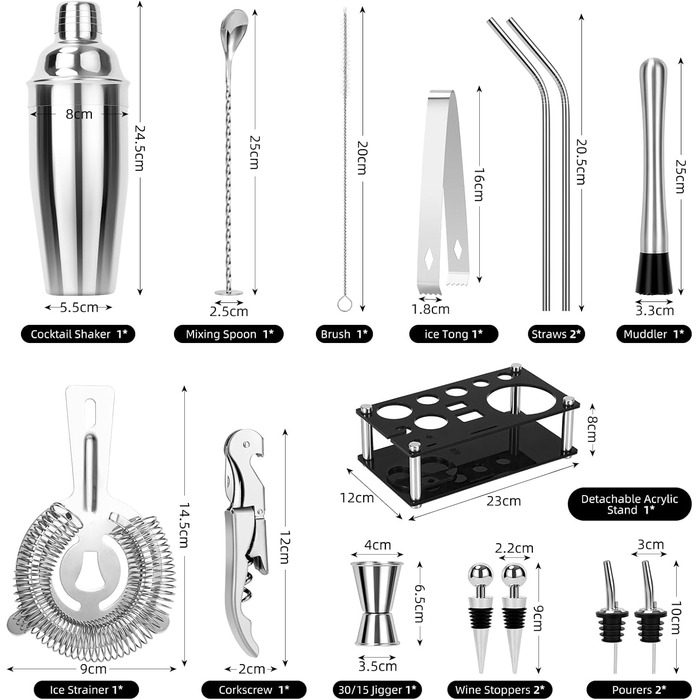 Набір для коктейлів Cinnani 750 мл зі стійкою, 15 предметів, нержавіюча сталь - професійний набір бармена для приготування коктейлів, подарунковий комплект