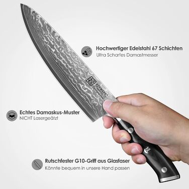 Набір кухонних ножів Keemake Damast 3 шт. з дамаської сталі 67 шарів, ергономічна ручка G10, кухонний ніж, саторі, універсальний ніж. Ідеальний подарунок на День батька