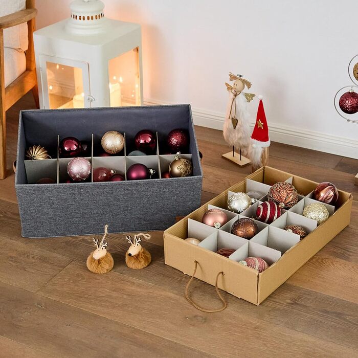 Преміум коробка для зберігання новорічних прикрас LOVE IT STORE IT - тканинна коробка з 30 відділеннями, знімний піднос, сіра, 58x36x25 см
